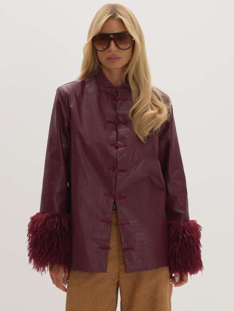 MUSEYN Burgundy PU Fur Cuff Knot Tie Detail Jacket Versatile Everyday Casual Fall - Burgundy - View 1