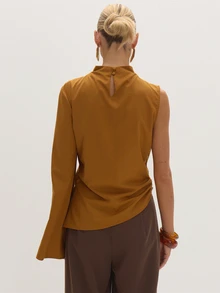 MUSEYN Rust Woven One Sleeve Cinched Top Timeless Date Night New Season Fall - Coffee Brown - View 4