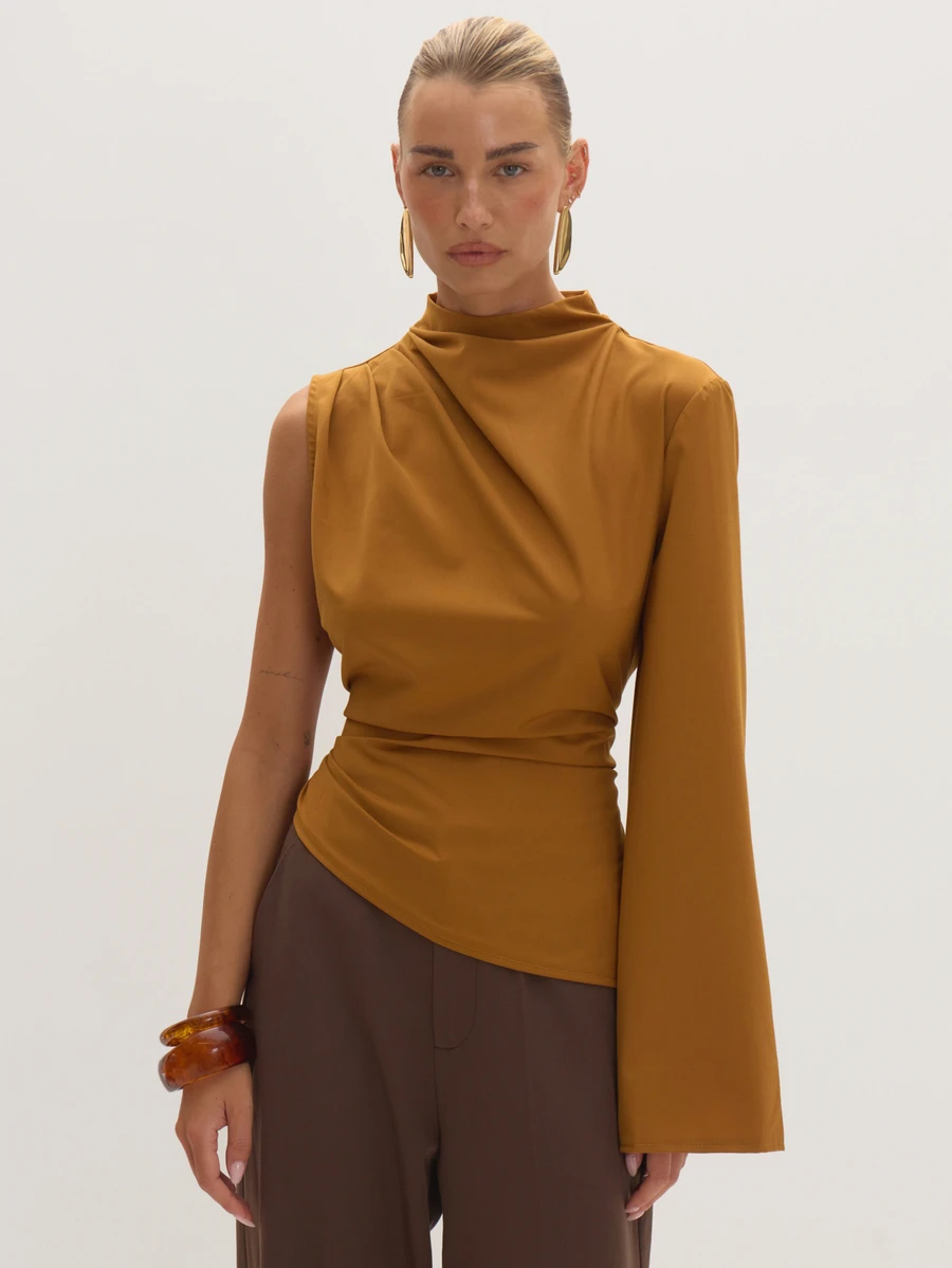 MUSEYN Rust Woven One Sleeve Cinched Top Timeless Date Night New Season Fall - Coffee Brown - View 1