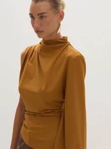 MUSEYN Rust Woven One Sleeve Cinched Top Timeless Date Night New Season Fall - Coffee Brown - View 5