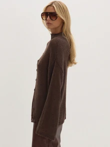 MUSEYN Brown Knit Asymmetric Button Detail Sweater Cosy Versatile Everyday Casual Fall - Brown - View 3