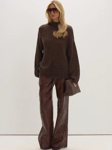 MUSEYN Brown Knit Asymmetric Button Detail Sweater Cosy Versatile Everyday Casual Fall - Brown - View 1