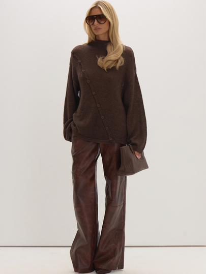 MUSEYN Brown Knit Asymmetric Button Detail Sweater Cosy Versatile Everyday Casual Fall
