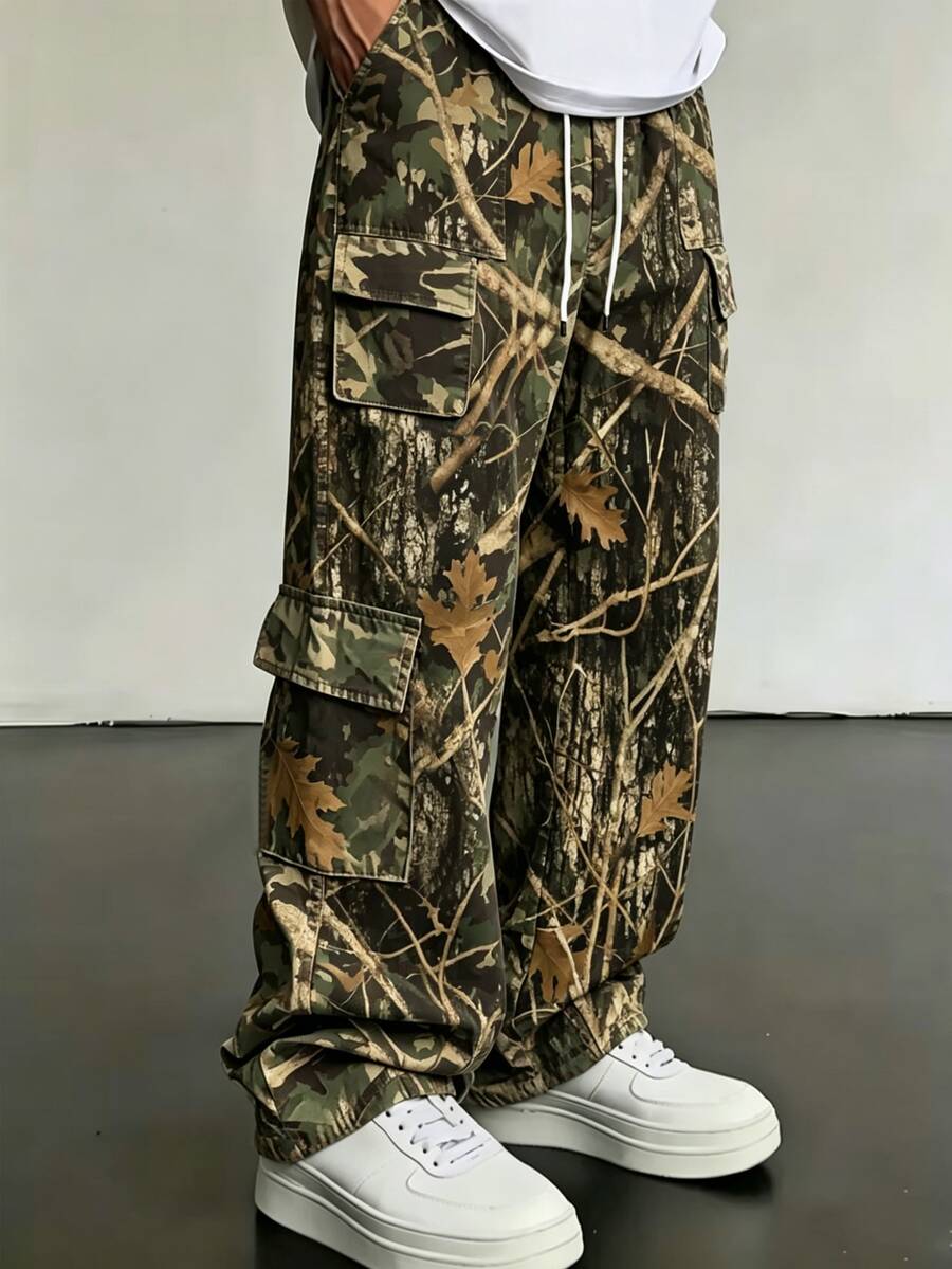 Manfinity Dauomo Men's Casual Branch & Withered Leaf Print Drawstring Waist Cargo Pants - Multicolor - View 1