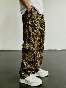 Manfinity Dauomo Men's Casual Branch & Withered Leaf Print Drawstring Waist Cargo Pants - Multicolor - View 4