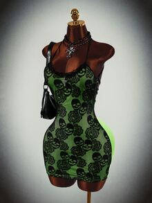 Amplova Gaun Mini Bodycon Ketat Berkerut dengan Tali Silang Motif Tengkorak Tanpa Punggung untuk Wanita, Cocok untuk Pesta Malam di Klub, Musim Panas, Warna Hijau dengan Motif Bunga - Hitam - View 9