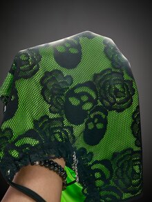 Amplova Gaun Mini Bodycon Ketat Berkerut dengan Tali Silang Motif Tengkorak Tanpa Punggung untuk Wanita, Cocok untuk Pesta Malam di Klub, Musim Panas, Warna Hijau dengan Motif Bunga - Hitam - View 10