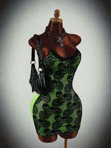 Amplova Gaun Mini Bodycon Ketat Berkerut dengan Tali Silang Motif Tengkorak Tanpa Punggung untuk Wanita, Cocok untuk Pesta Malam di Klub, Musim Panas, Warna Hijau dengan Motif Bunga - Hitam - View 8