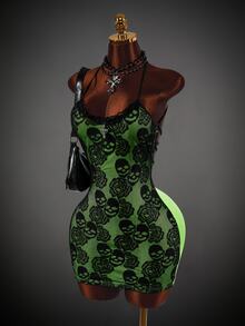 Amplova Gaun Mini Bodycon Ketat Berkerut dengan Tali Silang Motif Tengkorak Tanpa Punggung untuk Wanita, Cocok untuk Pesta Malam di Klub, Musim Panas, Warna Hijau dengan Motif Bunga - Hitam - View 2