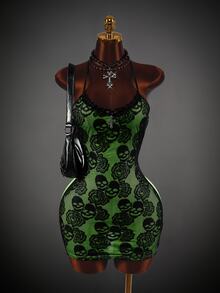 Amplova Gaun Mini Bodycon Ketat Berkerut dengan Tali Silang Motif Tengkorak Tanpa Punggung untuk Wanita, Cocok untuk Pesta Malam di Klub, Musim Panas, Warna Hijau dengan Motif Bunga - Hitam - View 7
