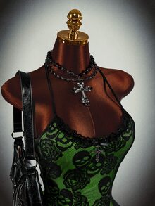 Amplova Gaun Mini Bodycon Ketat Berkerut dengan Tali Silang Motif Tengkorak Tanpa Punggung untuk Wanita, Cocok untuk Pesta Malam di Klub, Musim Panas, Warna Hijau dengan Motif Bunga - Hitam - View 4