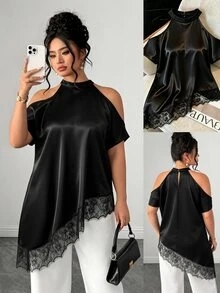 Elenzga 大码女装时尚休闲度假法式复古优雅通勤蕾丝拼接露肩上衣 - 黑色 - 查看 1