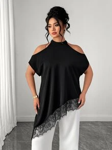 Elenzga 大码女装时尚休闲度假法式复古优雅通勤蕾丝拼接露肩上衣 - 黑色 - 查看 7