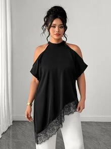 Elenzga 大码女装时尚休闲度假法式复古优雅通勤蕾丝拼接露肩上衣 - 黑色 - 查看 5