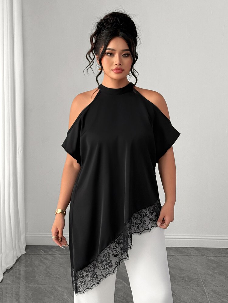 Elenzga Plus Size Women's Fashion Casual Vacation French Retro Elegant Commuting Lace Patchwork Off-Shoulder Blouse - Black - View 5