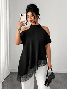 Elenzga 大码女装时尚休闲度假法式复古优雅通勤蕾丝拼接露肩上衣 - 黑色 - 查看 4