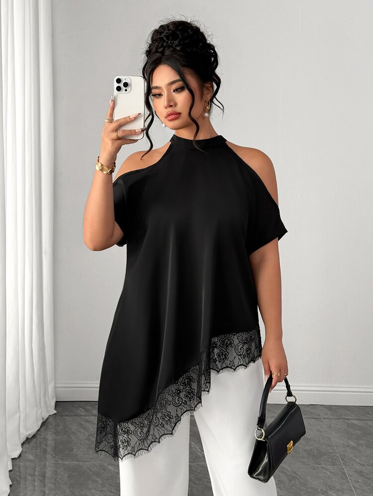 Elenzga Plus Size Women's Fashion Casual Vacation French Retro Elegant Commuting Lace Patchwork Off-Shoulder Blouse - Black - View 4