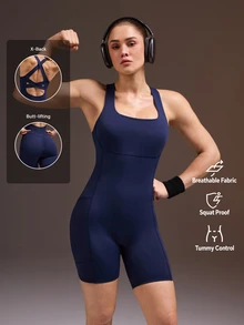 Powerista Women's Solid Color Casual Daily Travel Sports Jumpsuit Short - Navy Blue - View 3