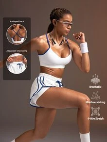 Powerista Women's Summer And Spring White And Navy Blue Activewear Two Piece Set Spaghetti Straps Cross Back High Support Sports Bra And Elastic Waist Shorts - White - View 2