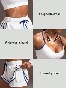 Powerista Women's Summer And Spring White And Navy Blue Activewear Two Piece Set Spaghetti Straps Cross Back High Support Sports Bra And Elastic Waist Shorts - White - View 4