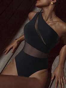 Costavie Women Solid Color Mesh Patchwork One-Piece Swimsuit, Asymmetric One Shoulder Backless Casual Elegant Vacation Swimwear - Black - View 3