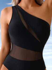 Costavie Women Solid Color Mesh Patchwork One-Piece Swimsuit, Asymmetric One Shoulder Backless Casual Elegant Vacation Swimwear - Black - View 5