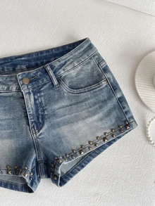 Jeanoix Women's Sexy Rivet Decor Low Waist Mini Denim Shorts, Summer - Blue - View 4