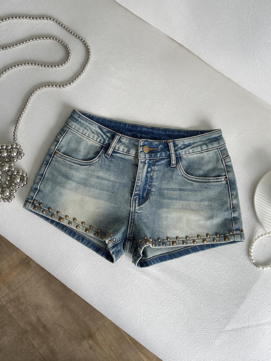 Jeanoix Women's Sexy Rivet Decor Low Waist Mini Denim Shorts, Summer - Blue - View 1