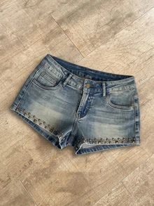 Jeanoix Women's Sexy Rivet Decor Low Waist Mini Denim Shorts, Summer - Blue - View 3