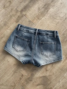 Jeanoix Women's Sexy Rivet Decor Low Waist Mini Denim Shorts, Summer - Blue - View 2