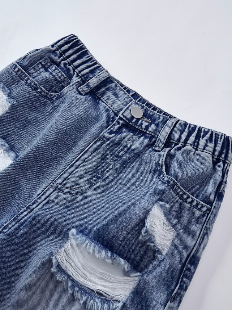 Girls' (Big) Vintage Casual Fashion Blue Distressed Ripped Patchwork Star Embroidery Straight Leg Denim Jeans, Holiday Style Bottoms - Medium Wash - View 4
