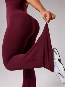 Rhythm Era Plus Size Women Minimalist Solid Color Backless Shapewear Breathable Comfortable Flared Jumpsuit Gym Sports Burgundy Summer - Purple - View 2