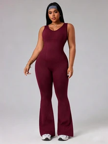 Rhythm Era Plus Size Women Minimalist Solid Color Backless Shapewear Breathable Comfortable Flared Jumpsuit Gym Sports Burgundy Summer - Purple - View 3