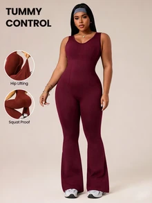 Rhythm Era Plus Size Women Minimalist Solid Color Backless Shapewear Breathable Comfortable Flared Jumpsuit Gym Sports Burgundy Summer - Purple - View 1