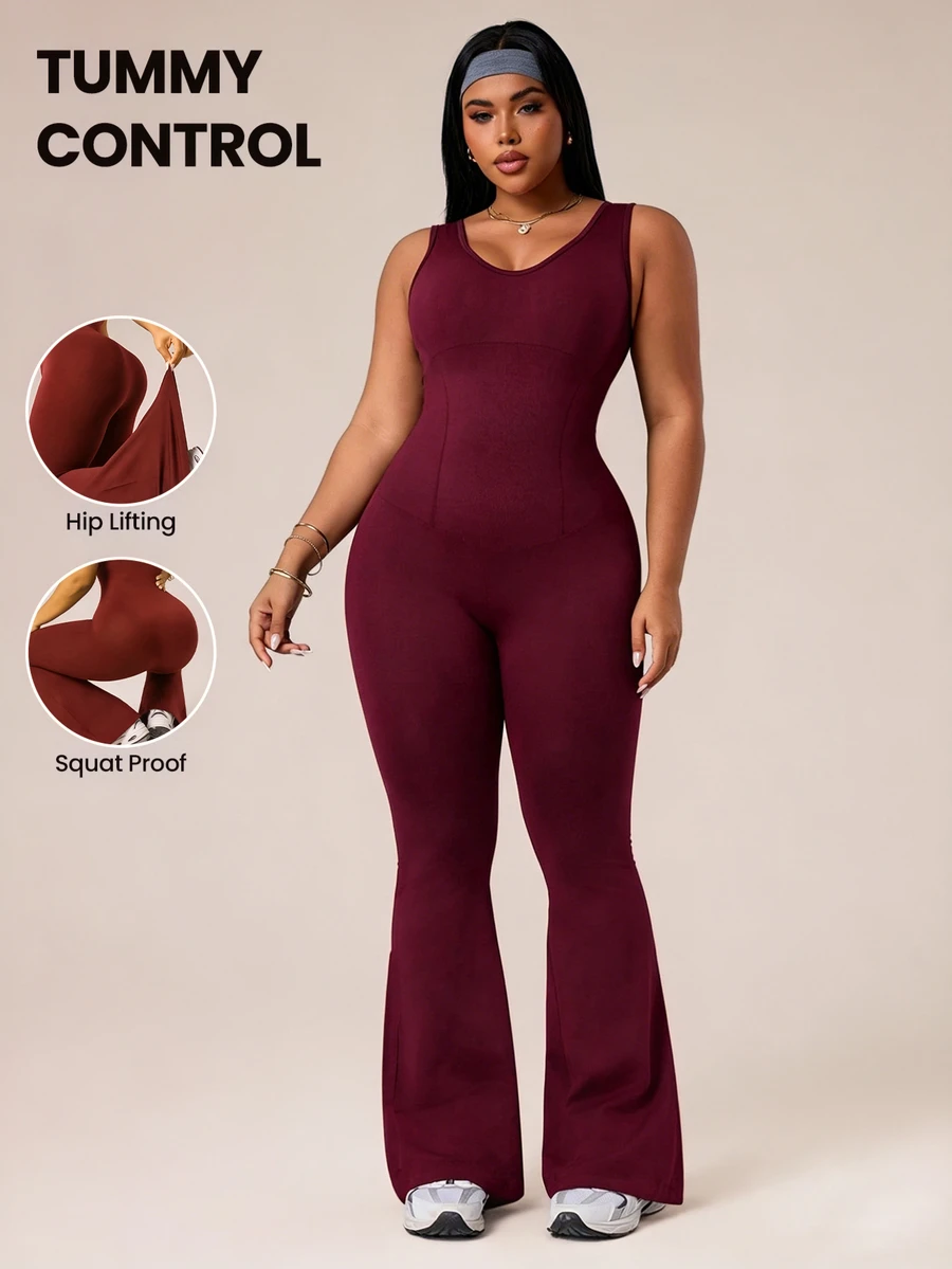 Rhythm Era Plus Size Women Minimalist Solid Color Backless Shapewear Breathable Comfortable Flared Jumpsuit Gym Sports Burgundy Summer - Purple - View 1