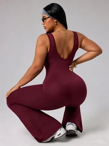 Rhythm Era Plus Size Women Minimalist Solid Color Backless Shapewear Breathable Comfortable Flared Jumpsuit Gym Sports Burgundy Summer - Purple - View 5