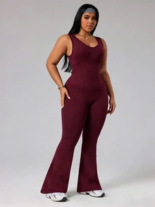 Rhythm Era Plus Size Women Minimalist Solid Color Backless Shapewear Breathable Comfortable Flared Jumpsuit Gym Sports Burgundy Summer - Purple - View 4