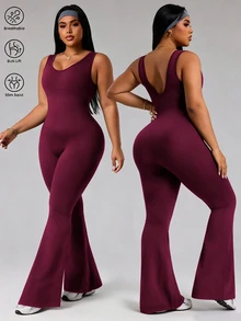 Rhythm Era Plus Size Women Minimalist Solid Color Backless Shapewear Breathable Comfortable Flared Jumpsuit Gym Sports Burgundy Summer - Purple - View 6
