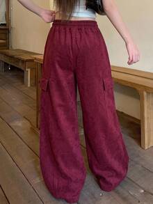 DAZY Women's Contrast Color Drawstring Elastic Waist Wide Leg Cargo Pants, Casual Street Streetwear Fall/ Long Jeans Everyday Traveling Burgundy Red - Burgundy - View 4