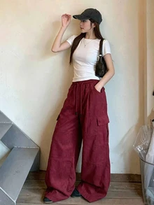 DAZY Women's Contrast Color Drawstring Elastic Waist Wide Leg Cargo Pants, Casual Street Streetwear Fall/ Long Jeans Everyday Traveling Burgundy Red - Burgundy - View 3
