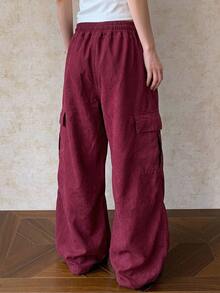 DAZY Women's Contrast Color Drawstring Elastic Waist Wide Leg Cargo Pants, Casual Street Streetwear Fall/ Long Jeans Everyday Traveling Burgundy Red - Burgundy - View 2