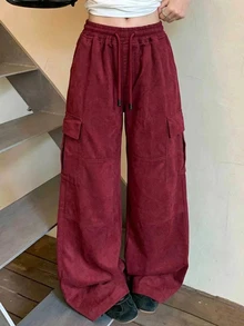 DAZY Women's Contrast Color Drawstring Elastic Waist Wide Leg Cargo Pants, Casual Street Streetwear Fall/ Long Jeans Everyday Traveling Burgundy Red - Burgundy - View 7