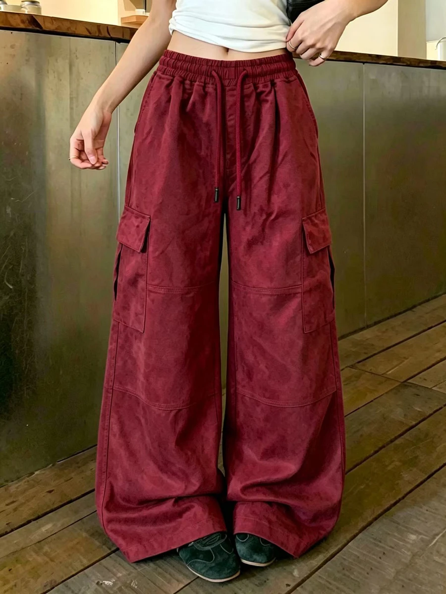 DAZY Women's Contrast Color Drawstring Elastic Waist Wide Leg Cargo Pants, Casual Street Streetwear Fall/ Long Jeans Everyday Traveling Burgundy Red - Burgundy - View 1