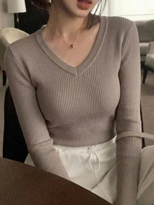 DAZY 女式纯色V领长袖商务休闲套头衫，秋冬 - 卡其色 - 查看 4