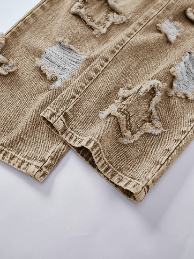 Girls' (Big) Vintage Casual Fashion Brown Distressed Ripped Patchwork Star Embroidery Straight Leg Jeans, Vacation Style Bottoms - Brown - View 5