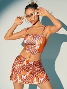 SHEIN X KeniaOs SHEIN ICON 蝴蝶印花头巾下摆短款宽肩带上衣和裙子 - 彩色 - 查看 5