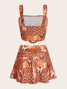 SHEIN X KeniaOs SHEIN ICON 蝴蝶印花头巾下摆短款宽肩带上衣和裙子 - 彩色 - 查看 2