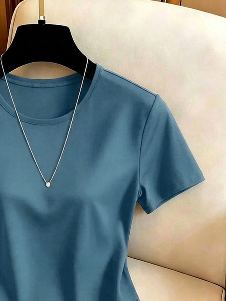 Qadelle Casual mångsidig T-shirt för dagligt bruk med spetslappar för kvinnor - Dammblå - Visa 3