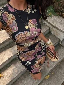 SHEIN Clasi 女款優雅性感復古圓領側開衩修身花卉豹紋複合針織高彈力網紗洋裝，適合派對後約會，黑色夏季款 - 彩色 - 查看 11