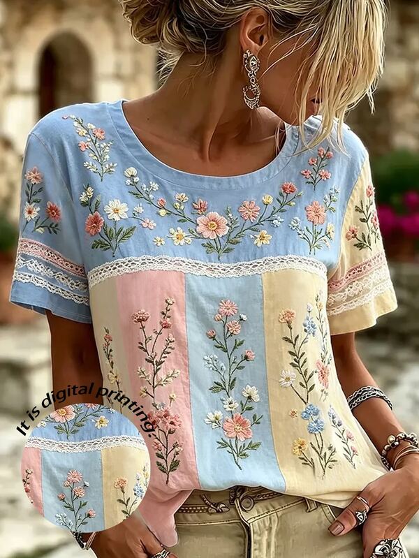 SHEIN Holidaya Summer Women's Printed Patchwork Tops Casual Bohemian Romantic Outing Elegant Party Vacation Short Sleeve T-Shirts French Commute Basic Blue Floral
